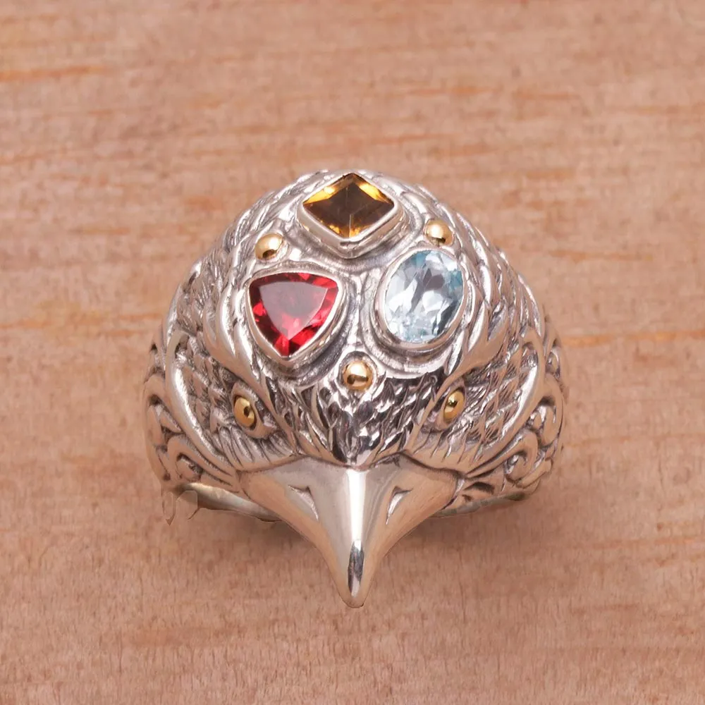 Gold Accent Multi-Gemstone Bird Cocktail Ring from Bali - Starling Charisma | NOVICA