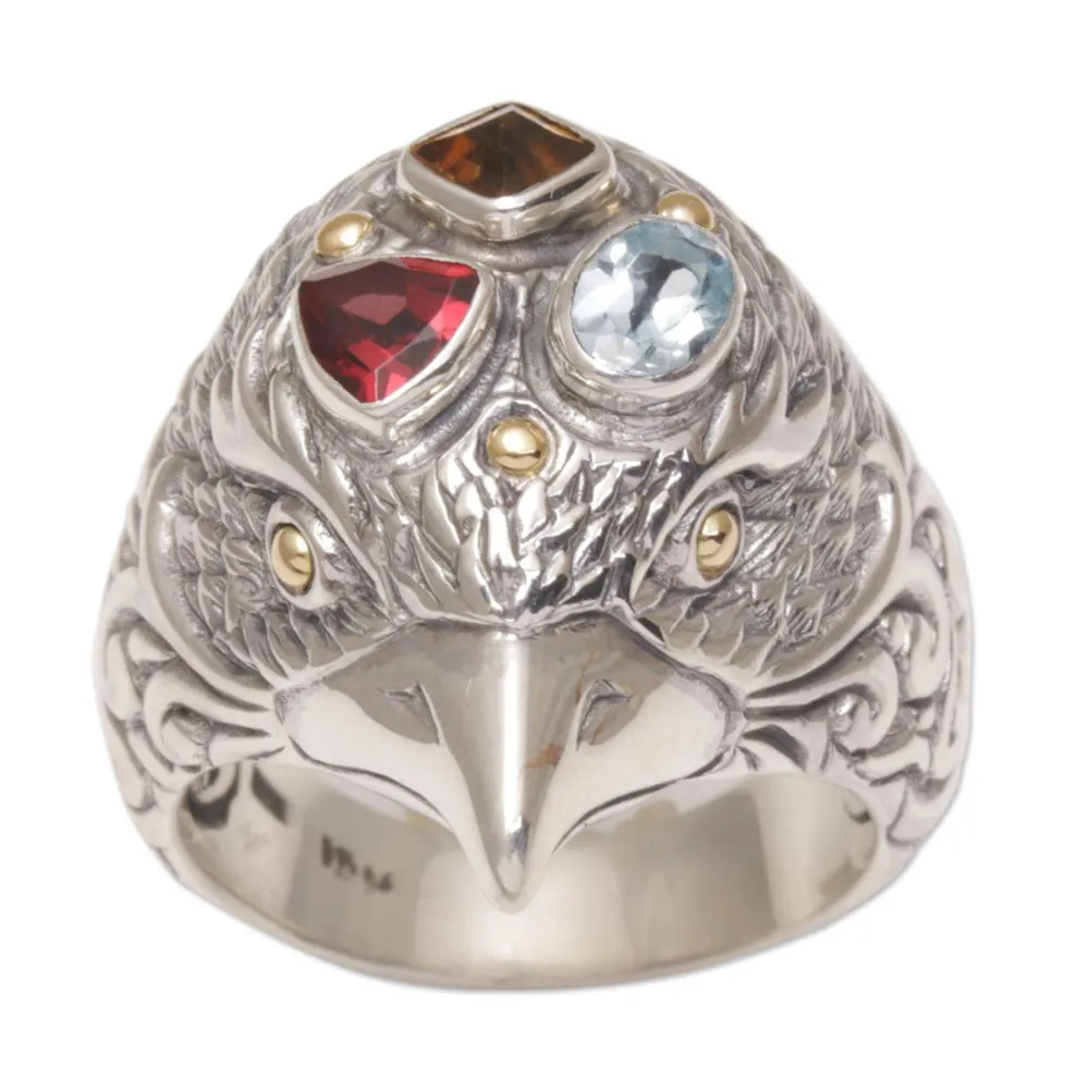 Gold Accent Multi-Gemstone Bird Cocktail Ring from Bali - Starling Charisma | NOVICA