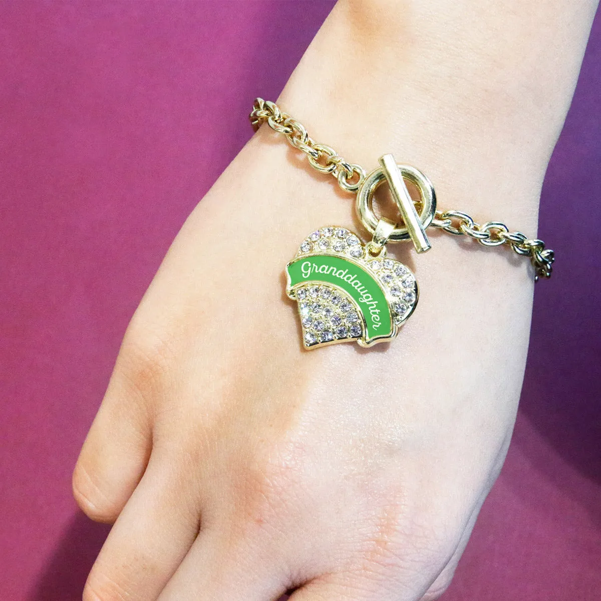 Gold Emerald Green Granddaughter Pave Heart Charm Toggle Bracelet