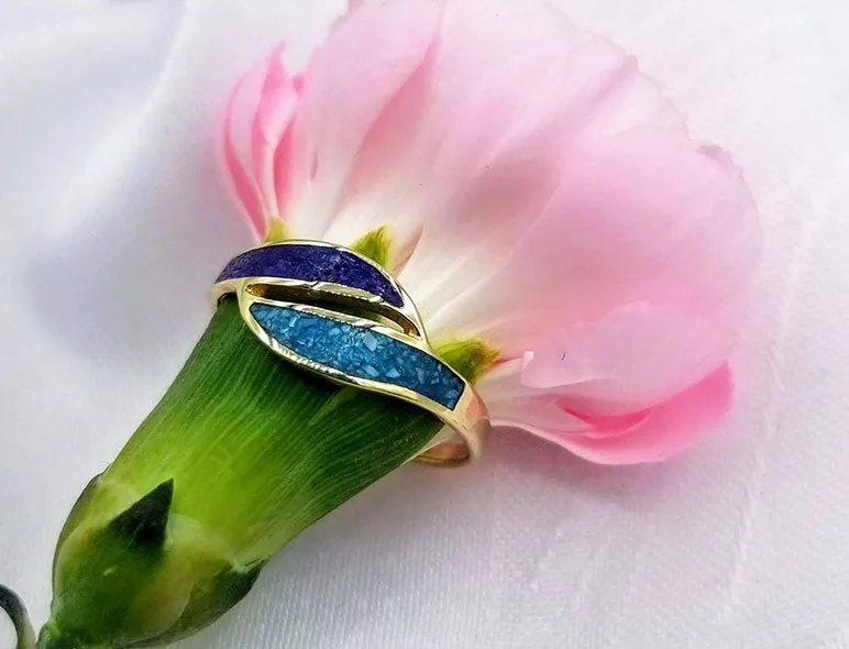 Gold Swirl Wrap Ring Inlaid with Turquoise & Lapis Lazuli, narrow