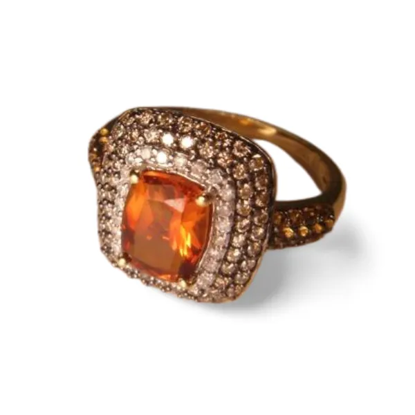 Gorgeous 14K Yellow Gold Orange Citrine Champagne Diamond Cocktail Ring