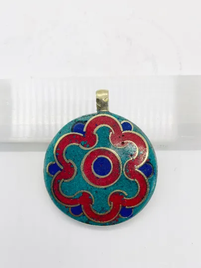 Handmade Flower Design Turquoise Coral Lapis Lazuli pendant with Shell, Shell Pendant from Nepal,Nickel Free Authentic Tibetan Pendant