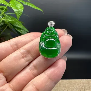 High-end 18K White Gold Guatemala Green Jadeite Jade Happy Buddha Pendant with Diamond