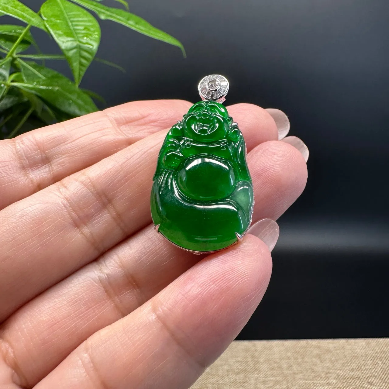 High-end 18K White Gold Guatemala Green Jadeite Jade Happy Buddha Pendant with Diamond