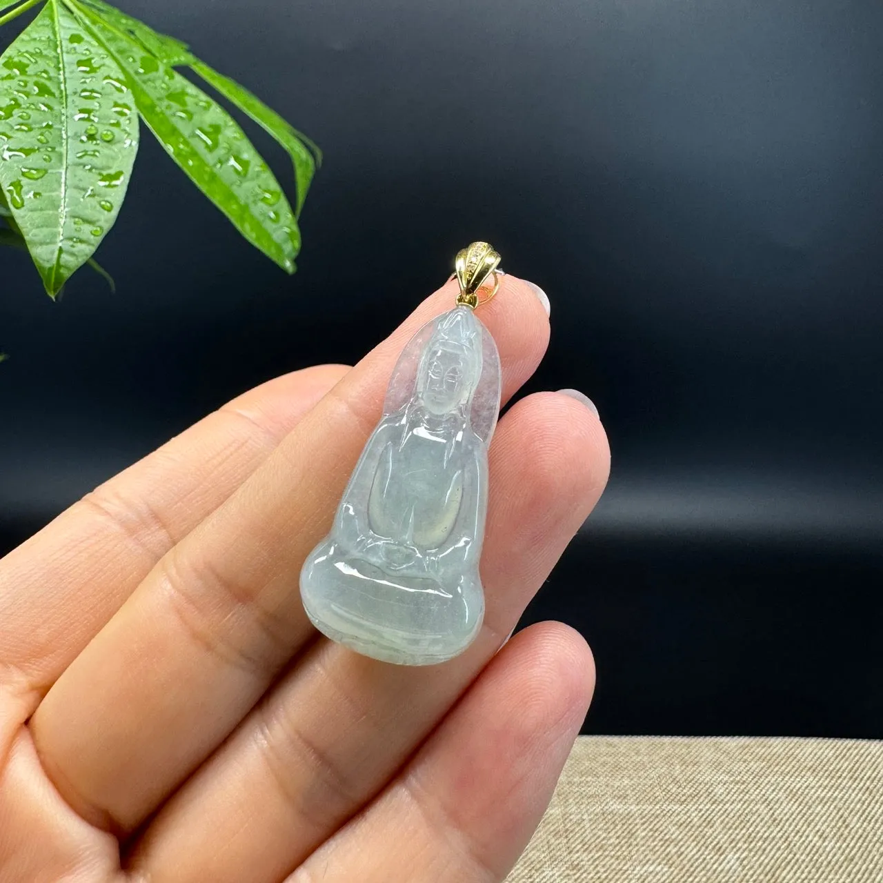 High-end 18K Yellow Gold Burmese Icy Green Jadeite Jade Guanyin Pendant with Diamond