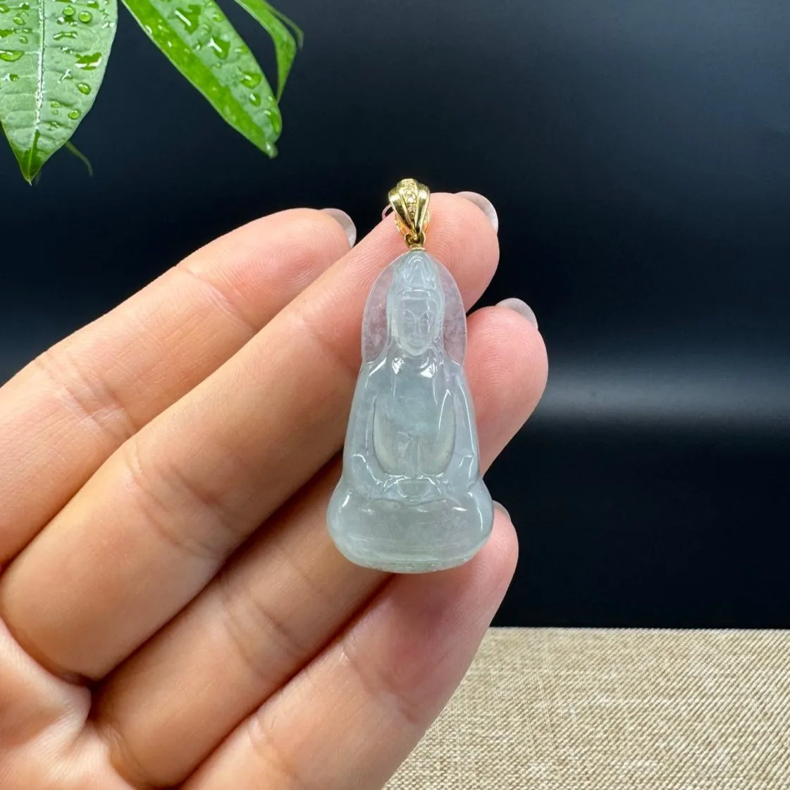 High-end 18K Yellow Gold Burmese Icy Green Jadeite Jade Guanyin Pendant with Diamond