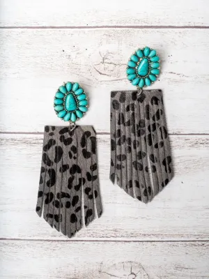 I'LL BE YOUR RANCH HAND TURQUOISE FLORAL CONCHO WITH GREY LEOPARD FRINGE EARRINGS