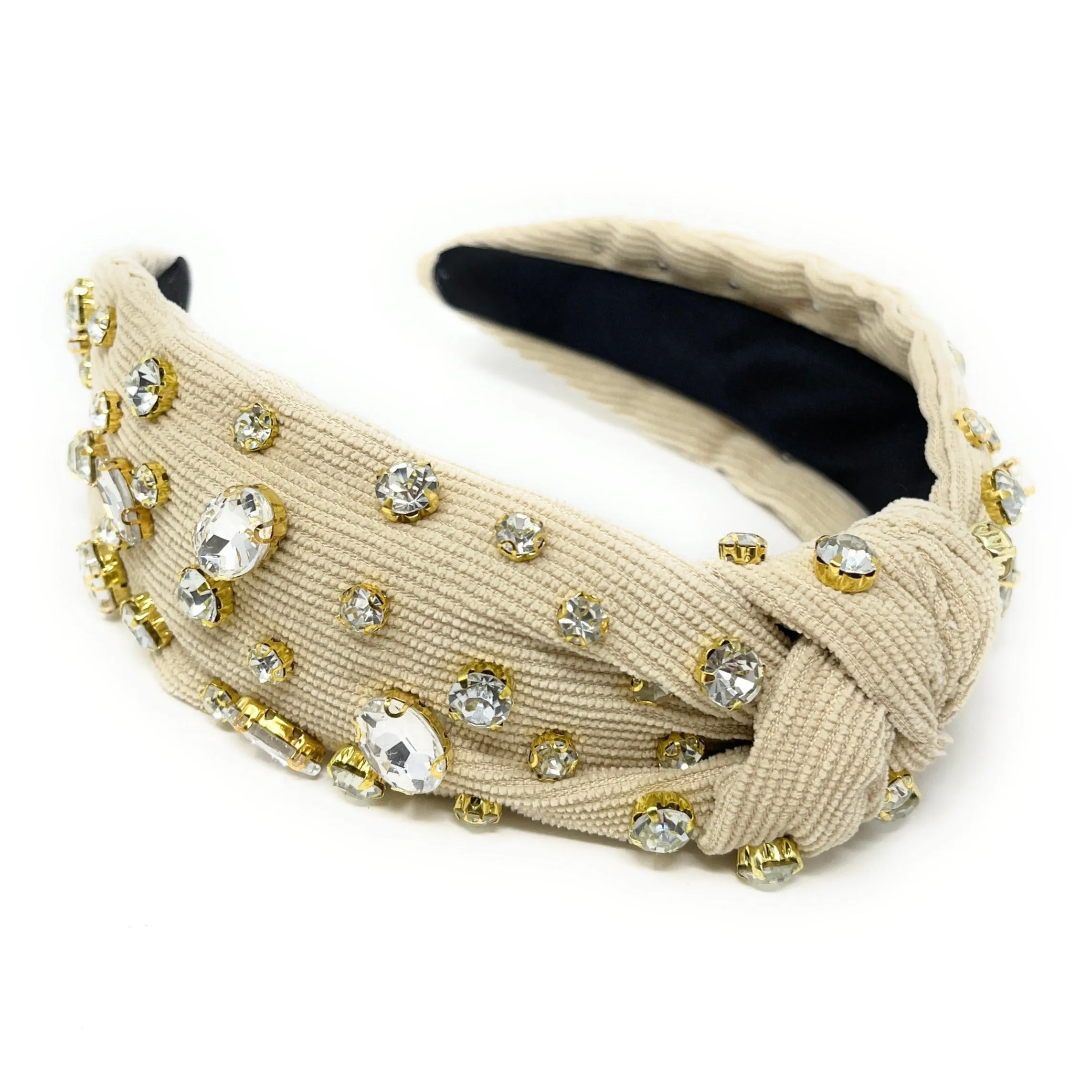 Ivory Corduroy Jeweled Knot Headband