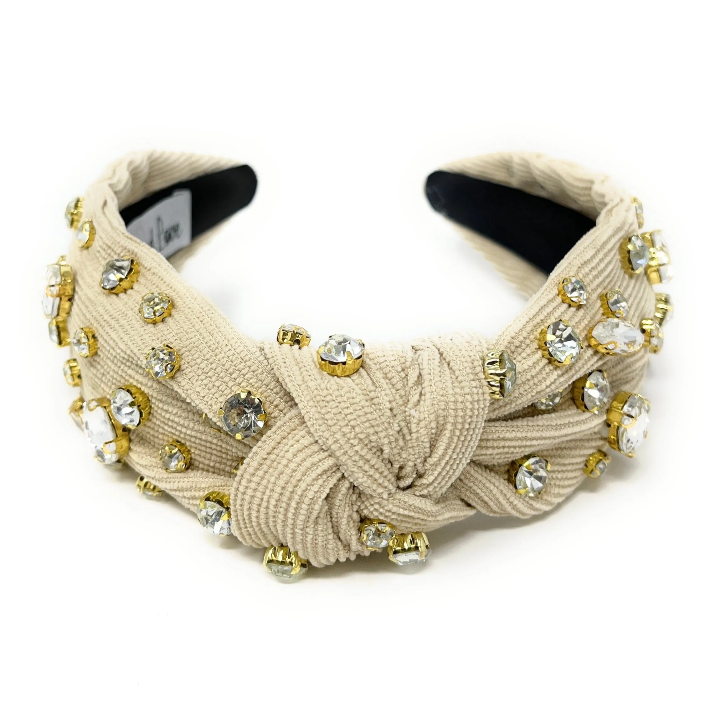 Ivory Corduroy Jeweled Knot Headband