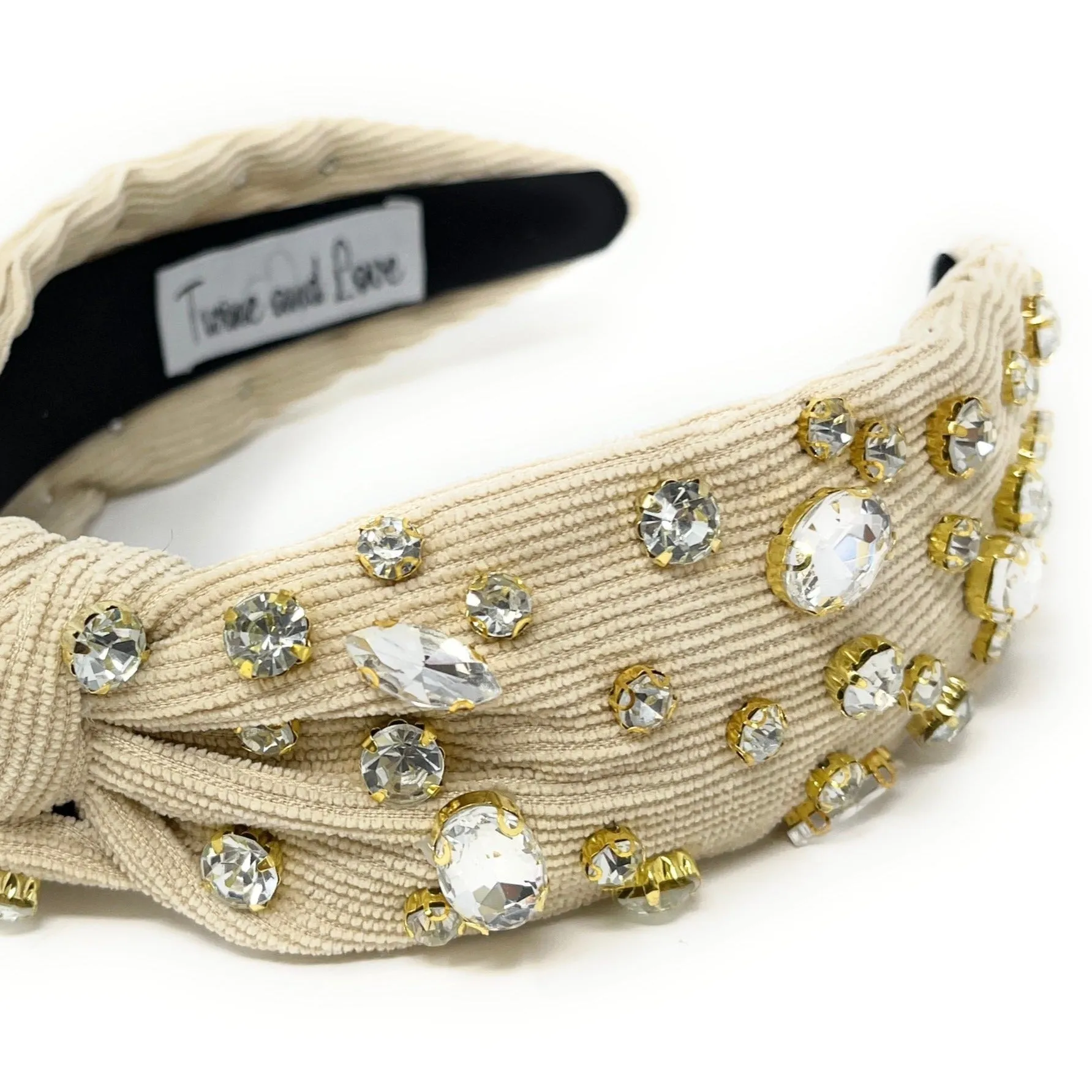 Ivory Corduroy Jeweled Knot Headband