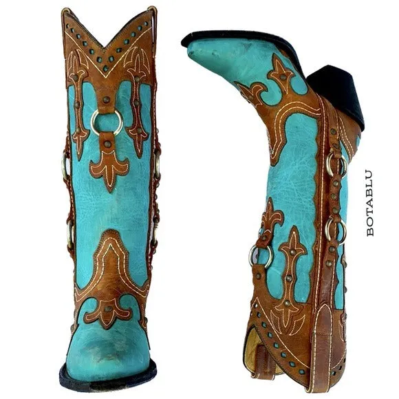 J.B. DILLON Turquoise Brown Leather Studded Tall Knee High Cowgirl Western Boots