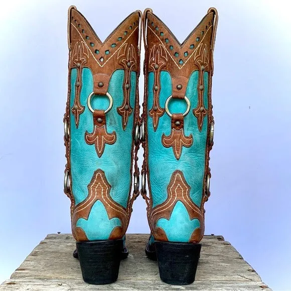 J.B. DILLON Turquoise Brown Leather Studded Tall Knee High Cowgirl Western Boots