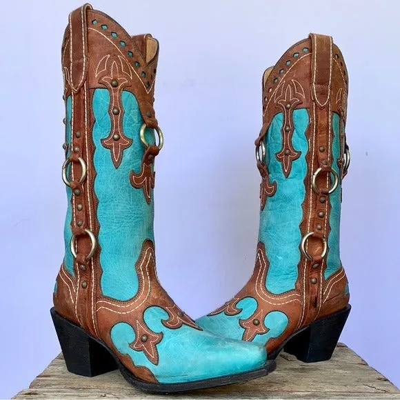 J.B. DILLON Turquoise Brown Leather Studded Tall Knee High Cowgirl Western Boots