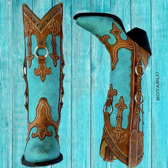 J.B. DILLON Turquoise Brown Leather Studded Tall Knee High Cowgirl Western Boots