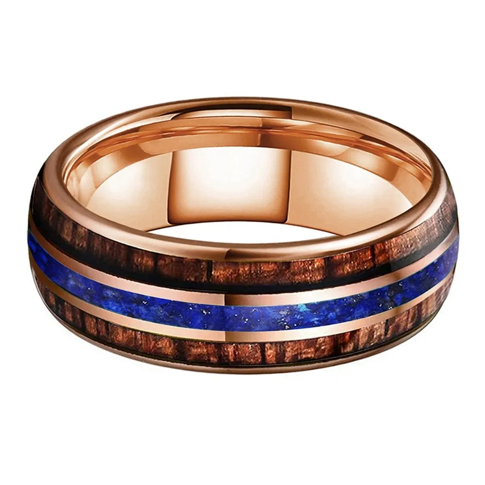 Koa Wood & Lapis Lazuli Triple Inlay Rose Gold Tungsten Ring (8mm)