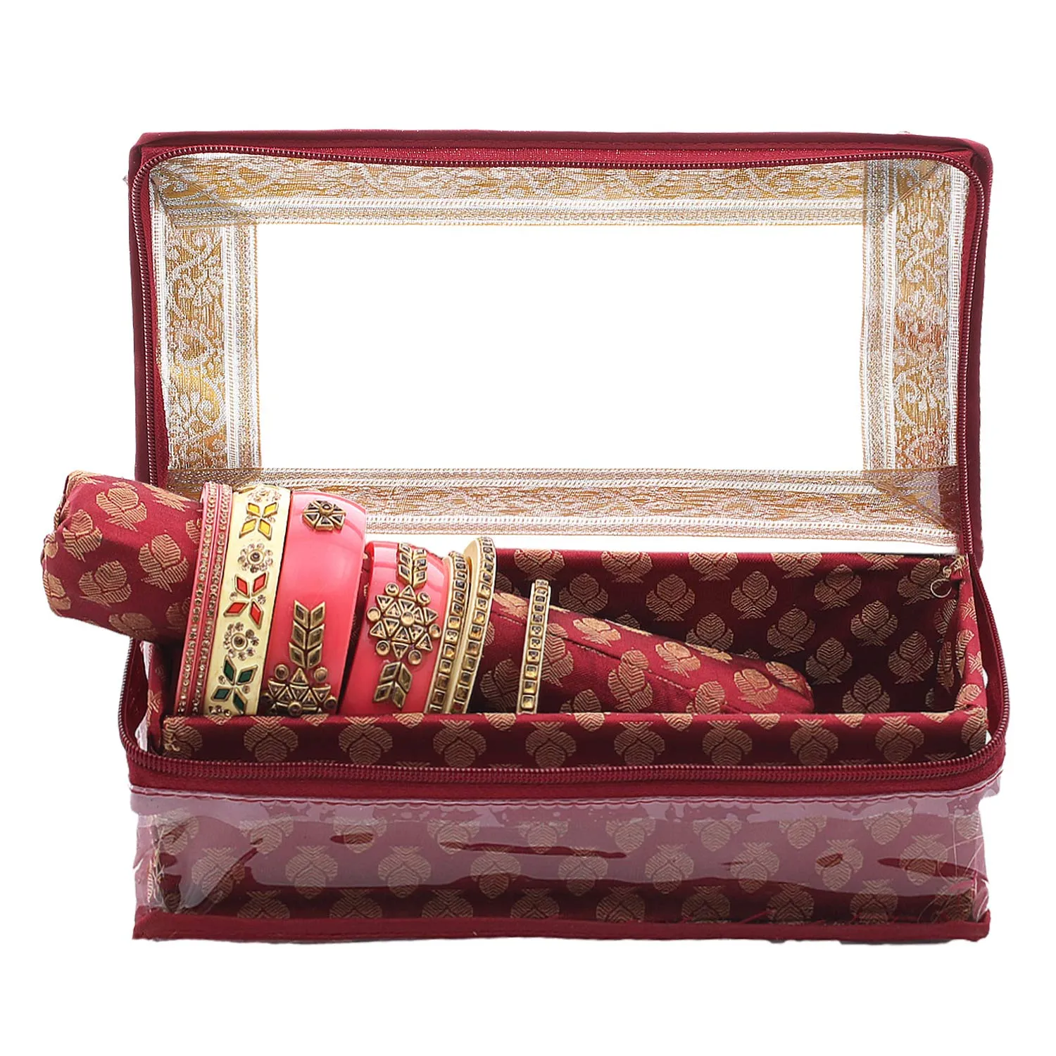 Kuber Industries Brocade Hardboard 2 Pieces Four Rod Bangle Box (Maroon) - CTKTC42047