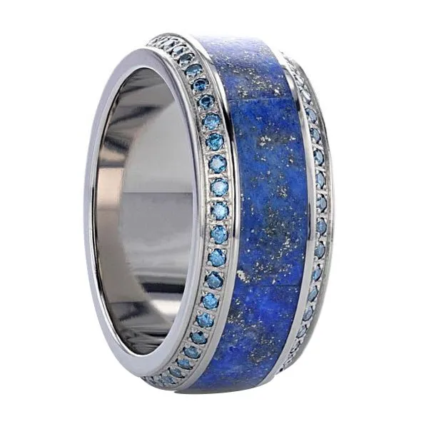 Lapis Inlaid Titanium Polished Beveled Edge Ring Set with Round Blue Diamonds