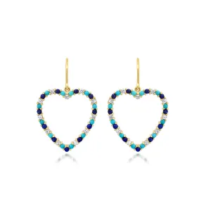 Large Diamond, Turquoise and Lapis Open Heart Drop Earrings