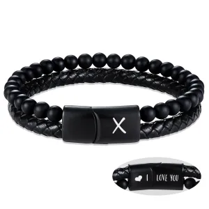 Leather Bracelet for Men Initial X Layered Black Beaded Bracelets I Love You Gifts for Him