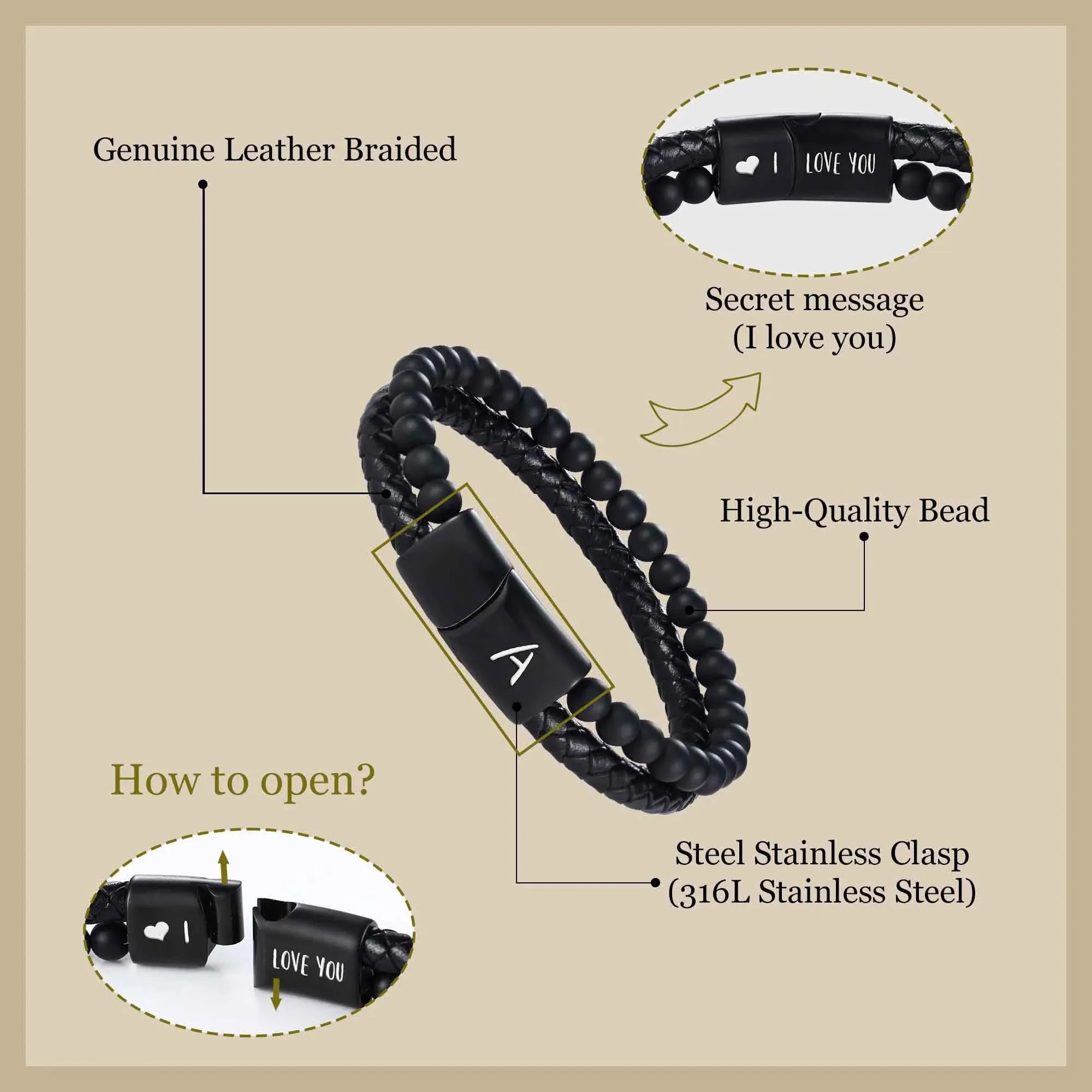 Leather Bracelet for Men Initial X Layered Black Beaded Bracelets I Love You Gifts for Him