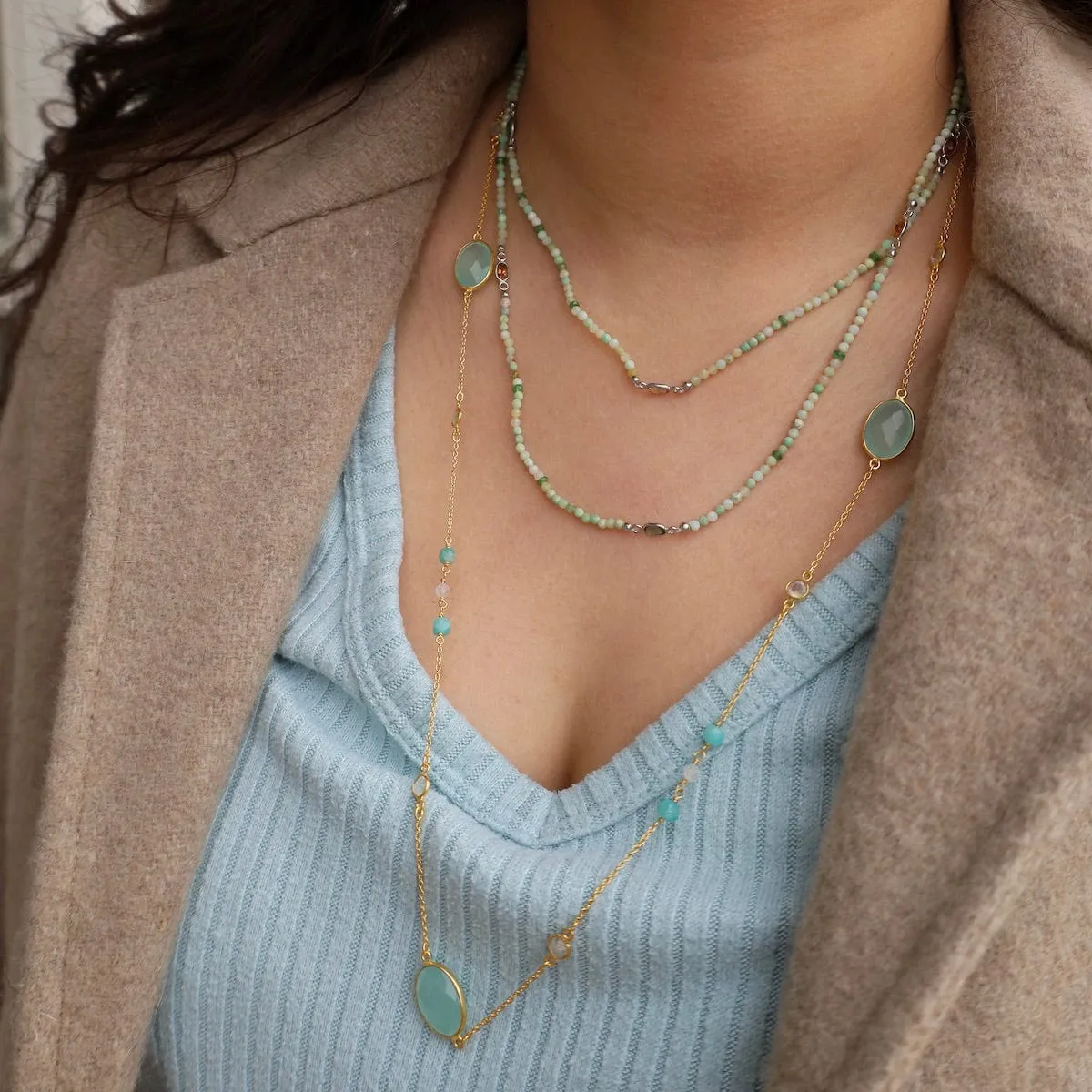 Long Green Opal & Tourmaline Necklace