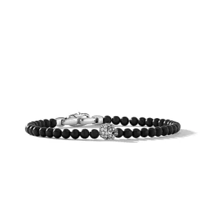 Memento Mori Skull Bracelet in Sterling Silver with Black Onyx and Pave Diamonds