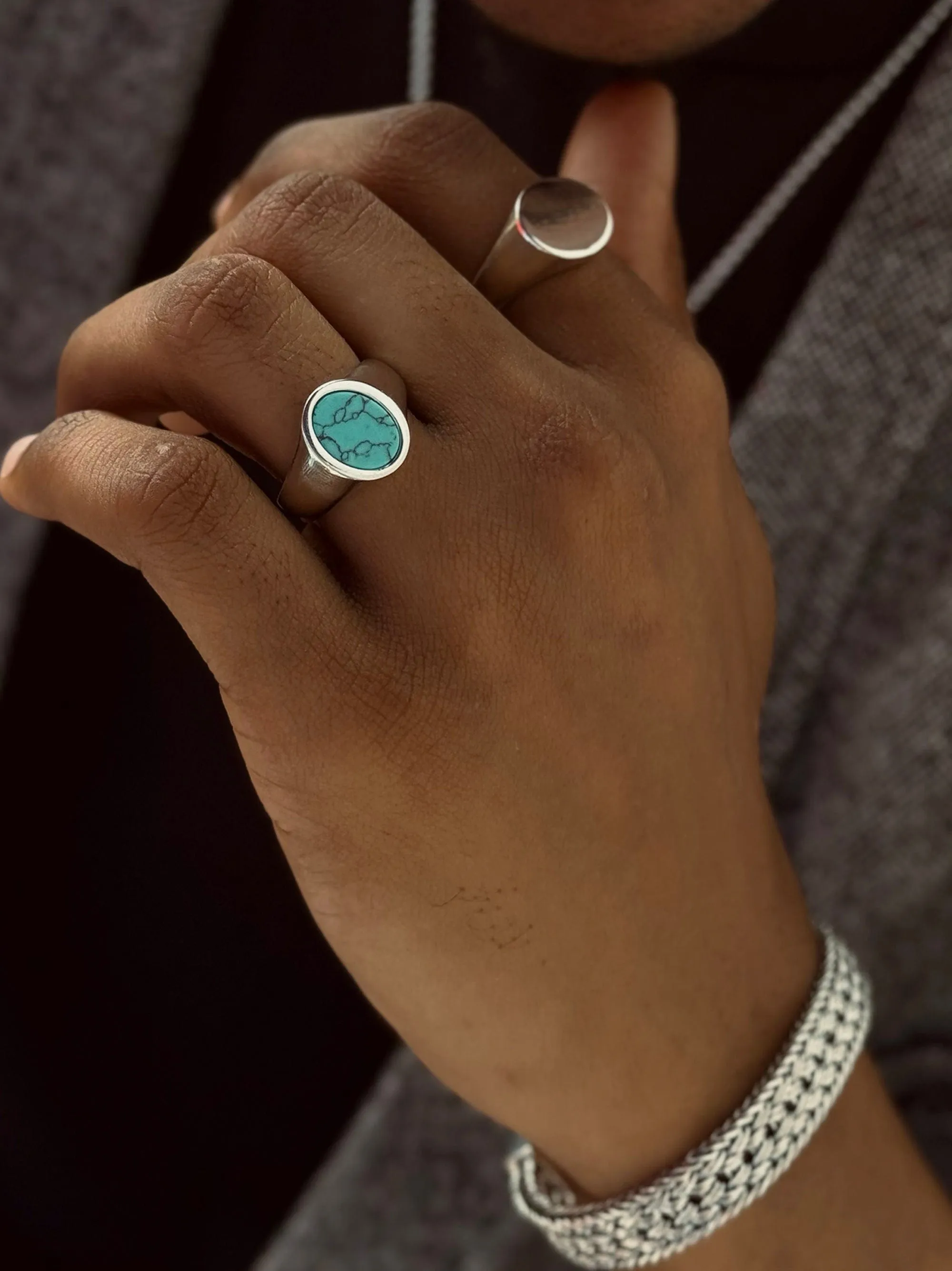 Men's Sterling Silver Oval Signet Ring with Turquoise