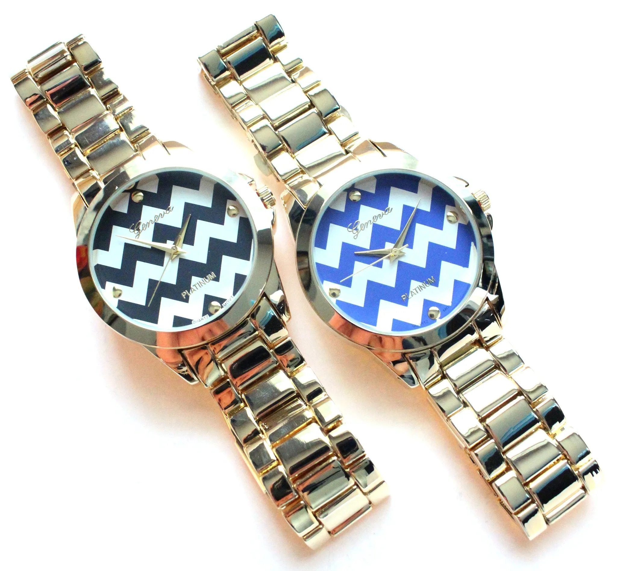 Metal Chevron Geneva Platinum Watch- 2 Color Options