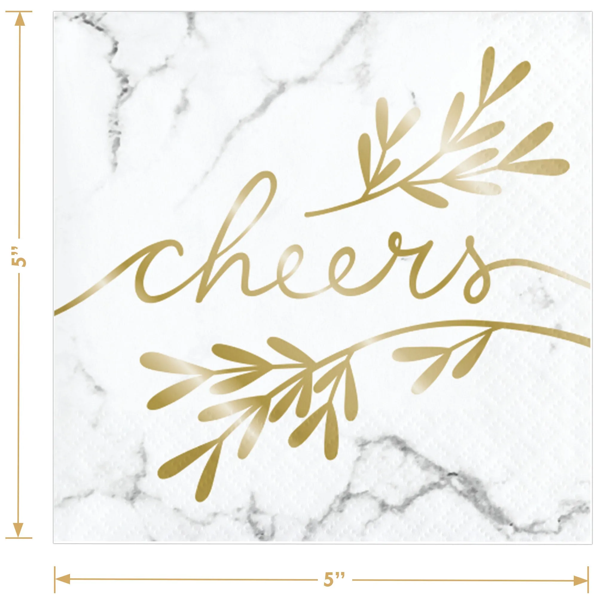 Metallic Gold "Cheers" and Polka Dot Print on White Cocktail Napkins (16 of each Color)