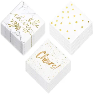 Metallic Gold "Cheers" and Polka Dot Print on White Cocktail Napkins (16 of each Color)