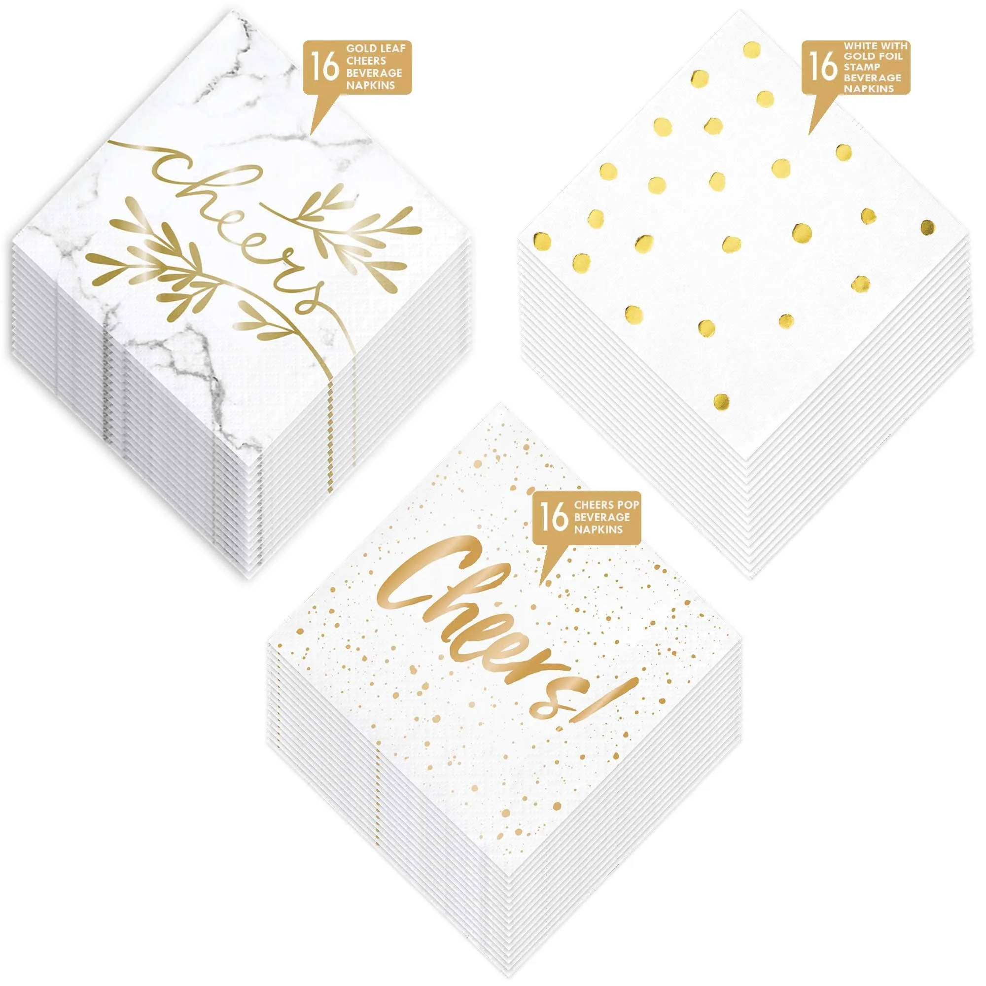 Metallic Gold "Cheers" and Polka Dot Print on White Cocktail Napkins (16 of each Color)