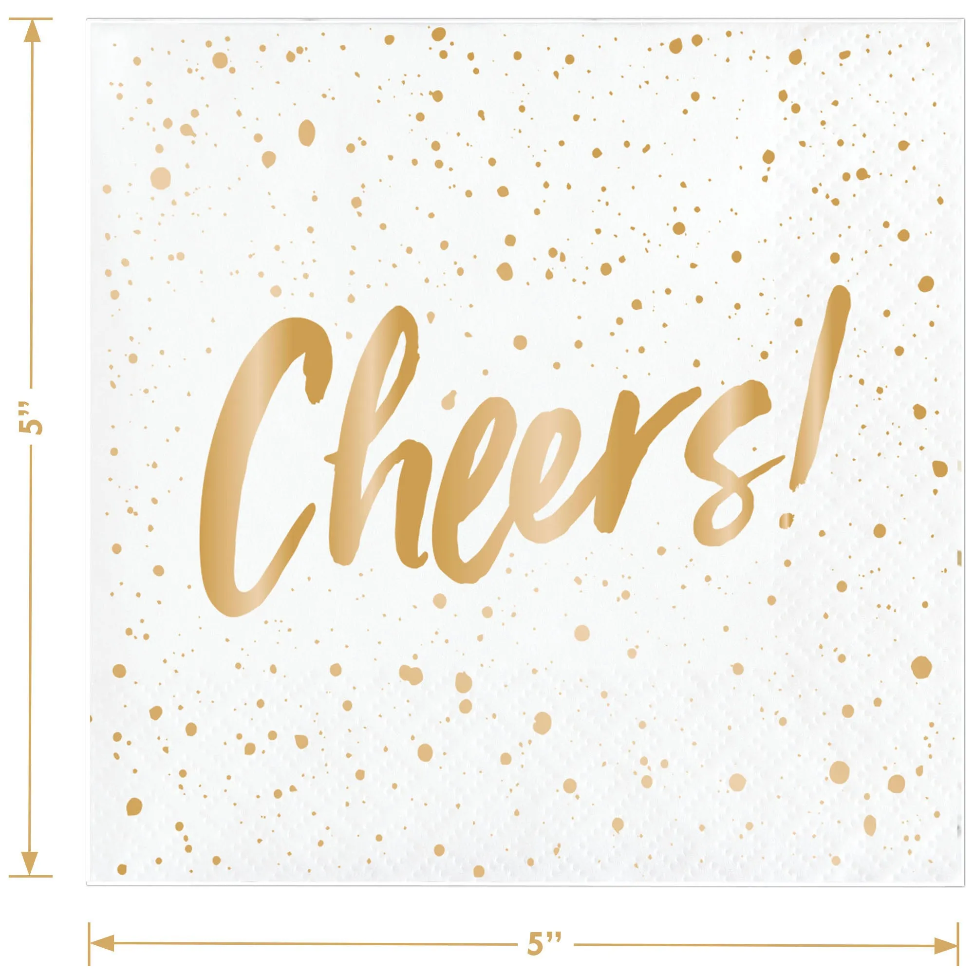 Metallic Gold "Cheers" and Polka Dot Print on White Cocktail Napkins (16 of each Color)