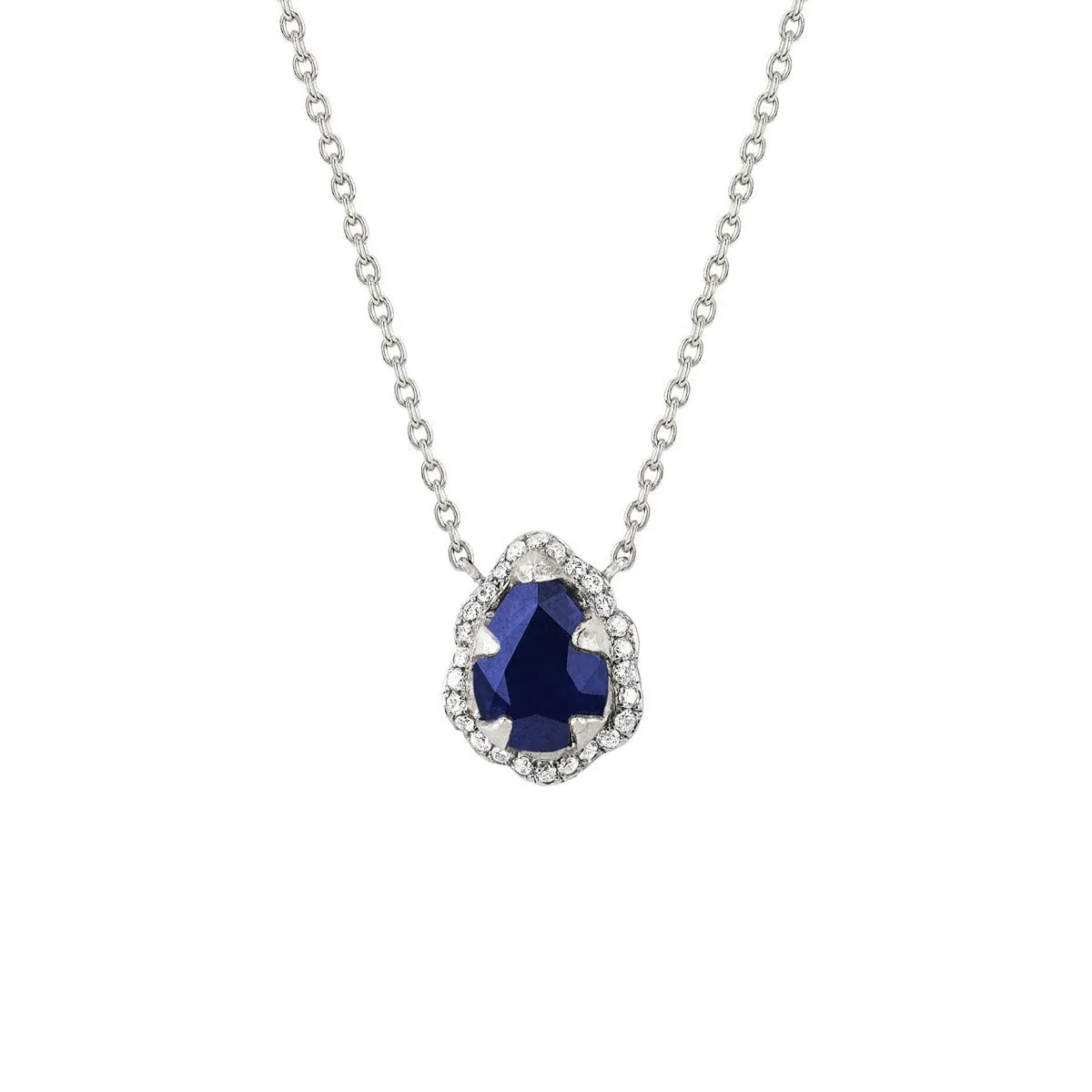 Micro Queen Water Drop Blue Sapphire Necklace with Pavé Diamond Halo