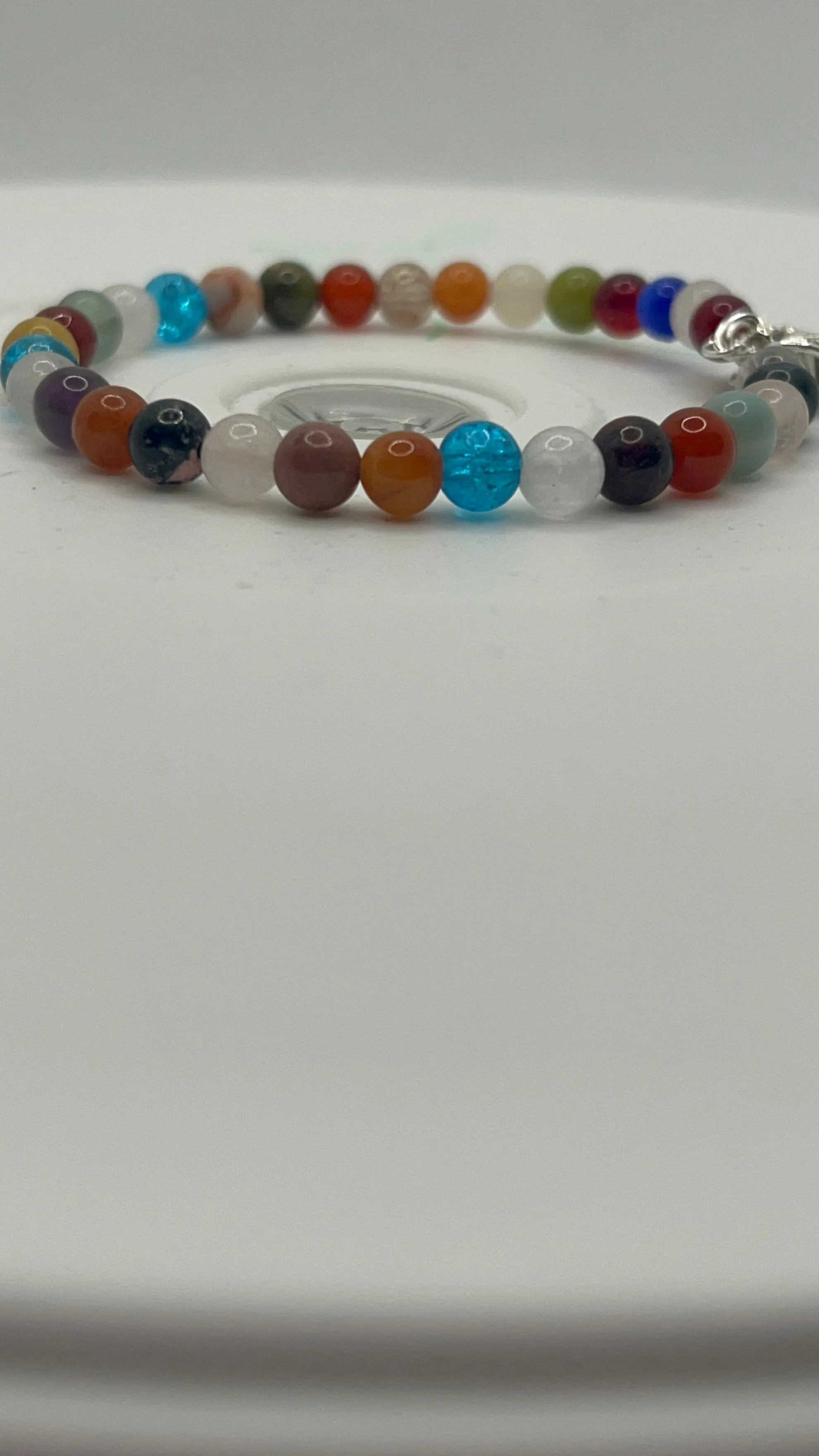 Multicolor Glass Bead and Gemstone Bracelet with silver Dragonfly pendant and Lobster Clasp