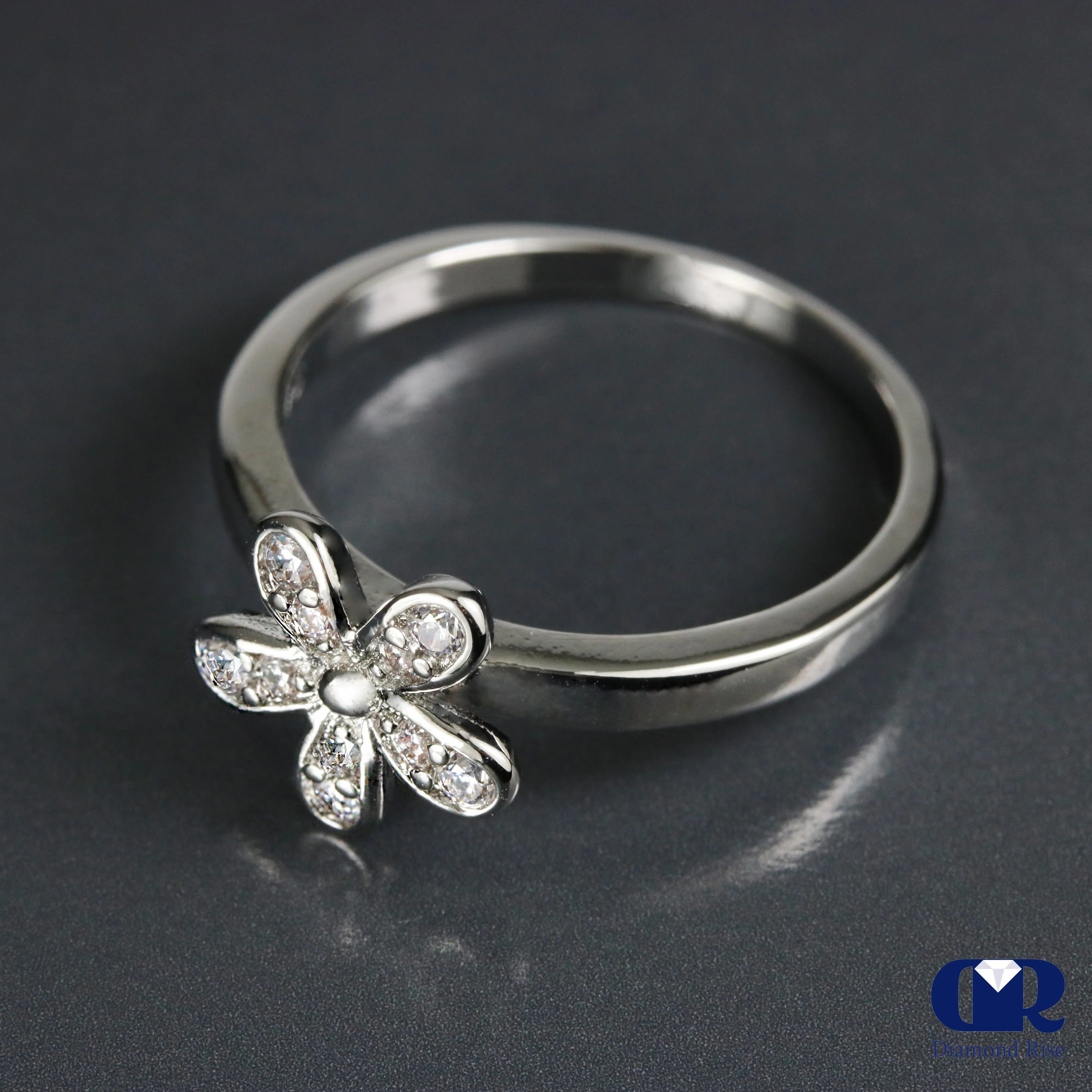 Natural Diamond Flower Ring In 14K White Gold