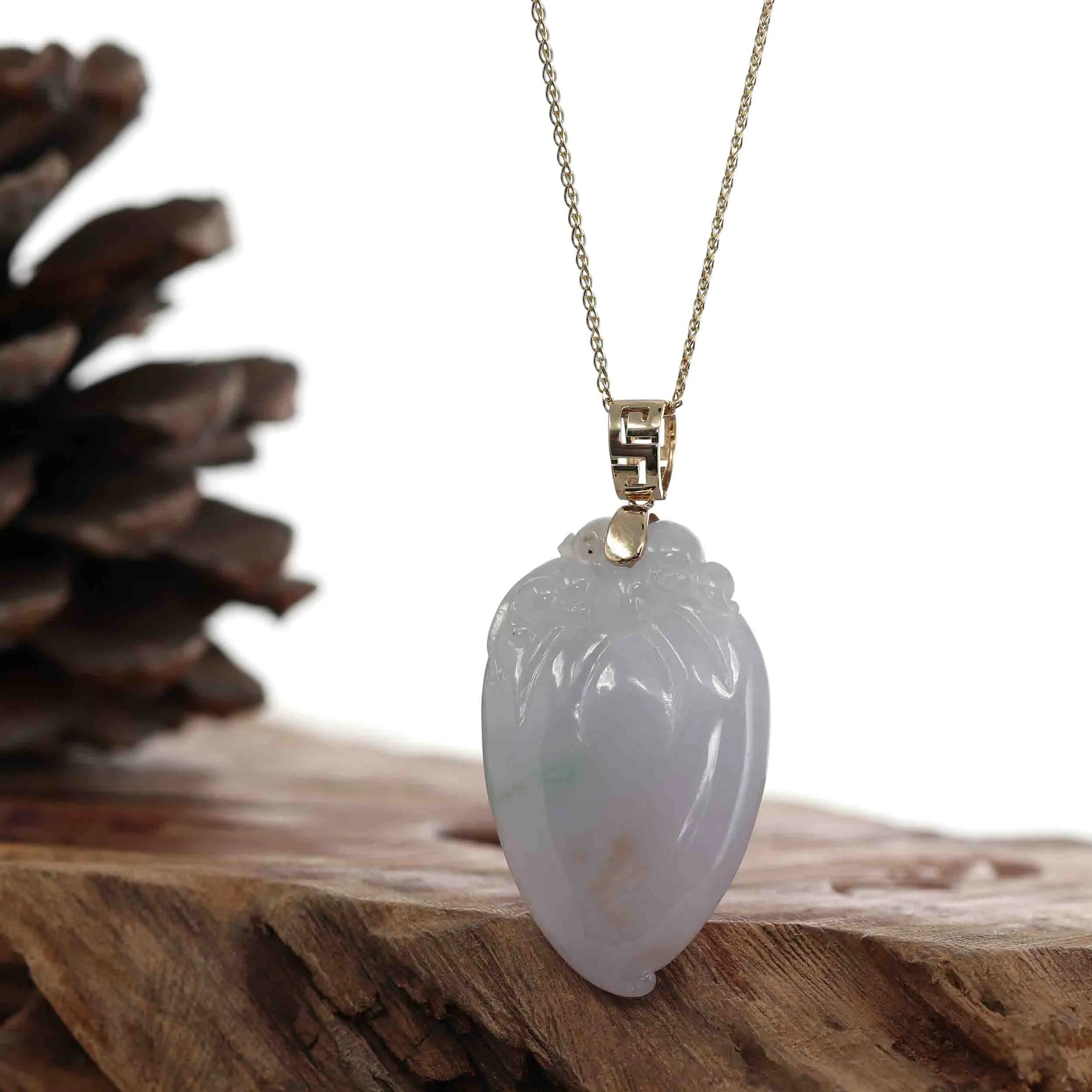 Natural Ice Lavender Jadeite Jade Shou Tao ( Longevity Peach ) Necklace With 14k Yellow Gold Bail