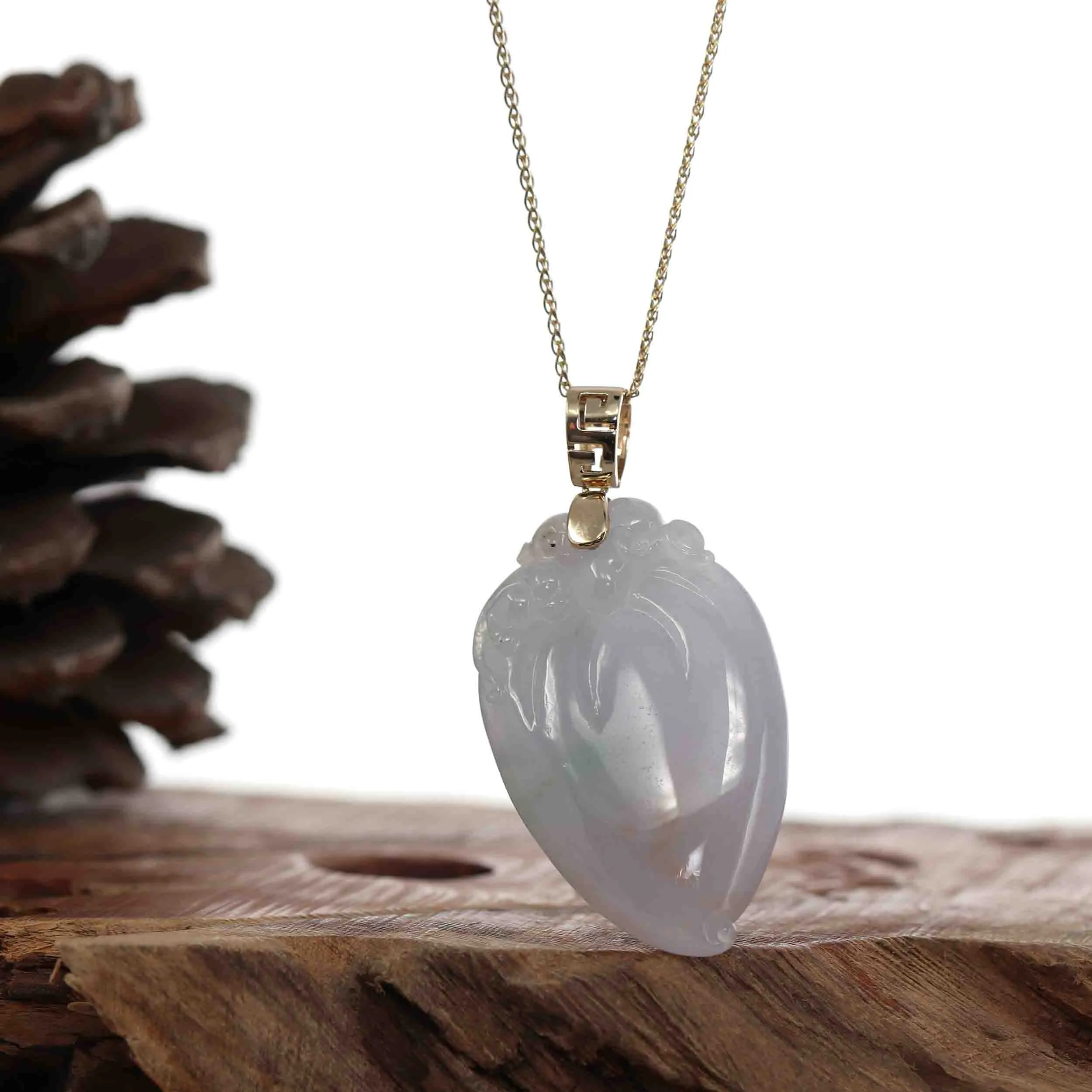 Natural Ice Lavender Jadeite Jade Shou Tao ( Longevity Peach ) Necklace With 14k Yellow Gold Bail