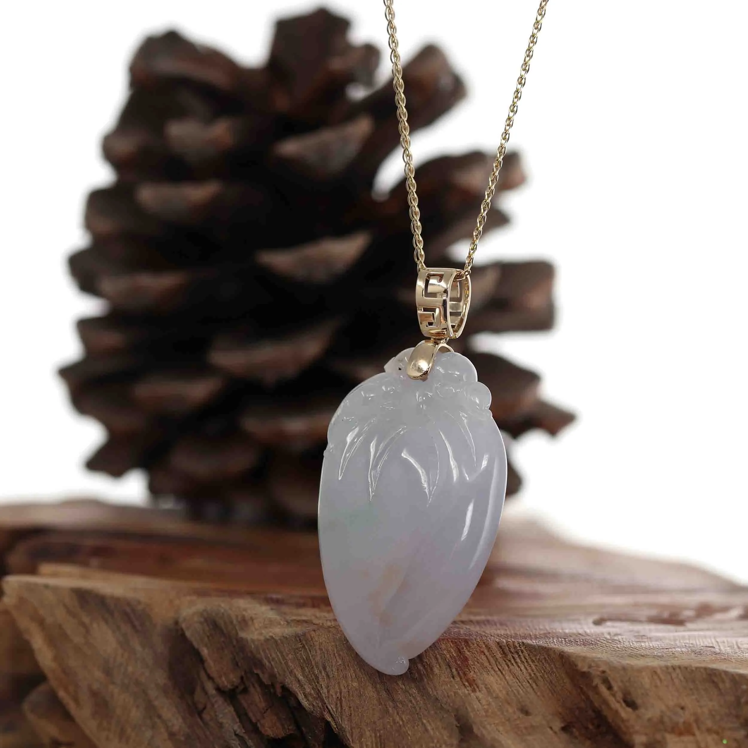 Natural Ice Lavender Jadeite Jade Shou Tao ( Longevity Peach ) Necklace With 14k Yellow Gold Bail