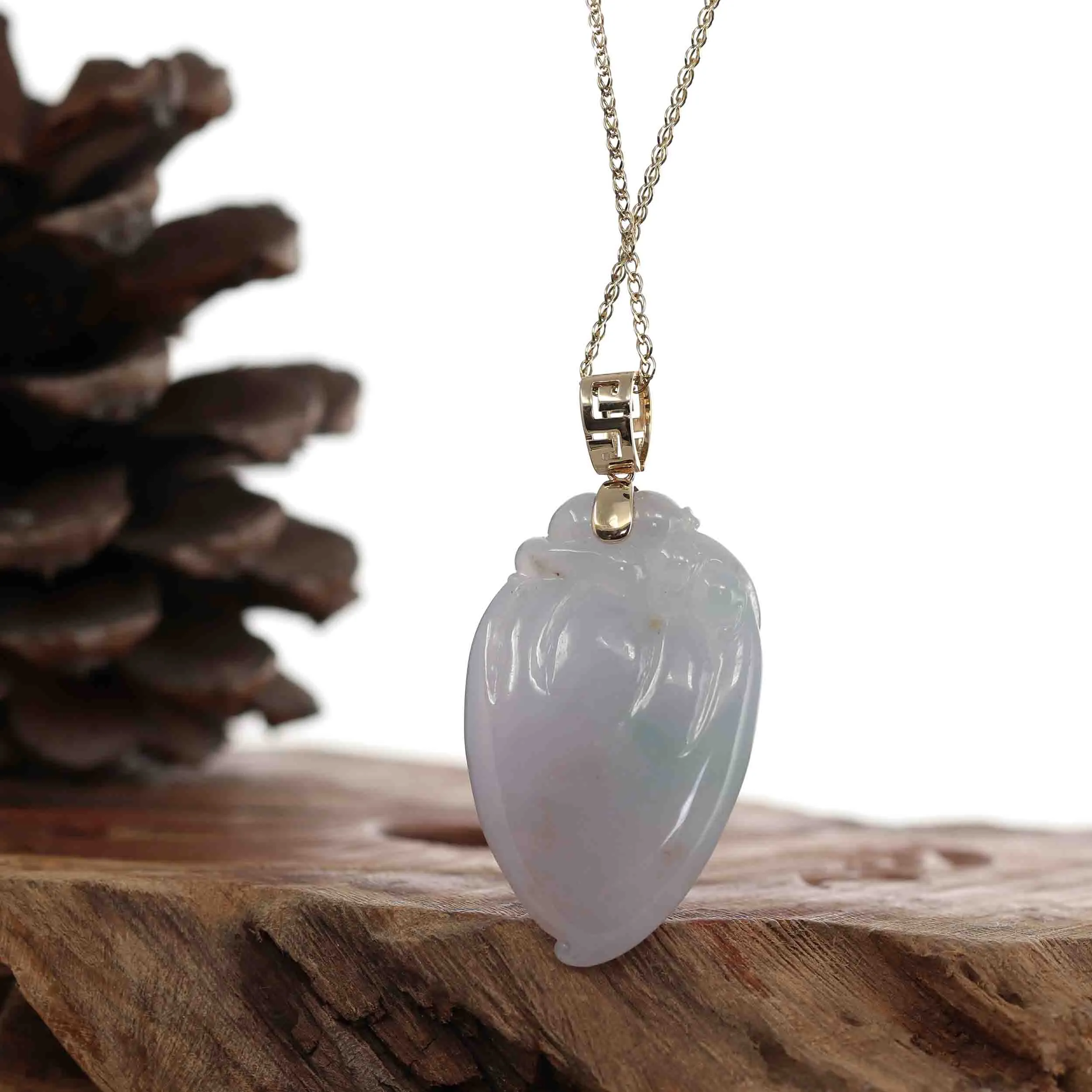 Natural Ice Lavender Jadeite Jade Shou Tao ( Longevity Peach ) Necklace With 14k Yellow Gold Bail