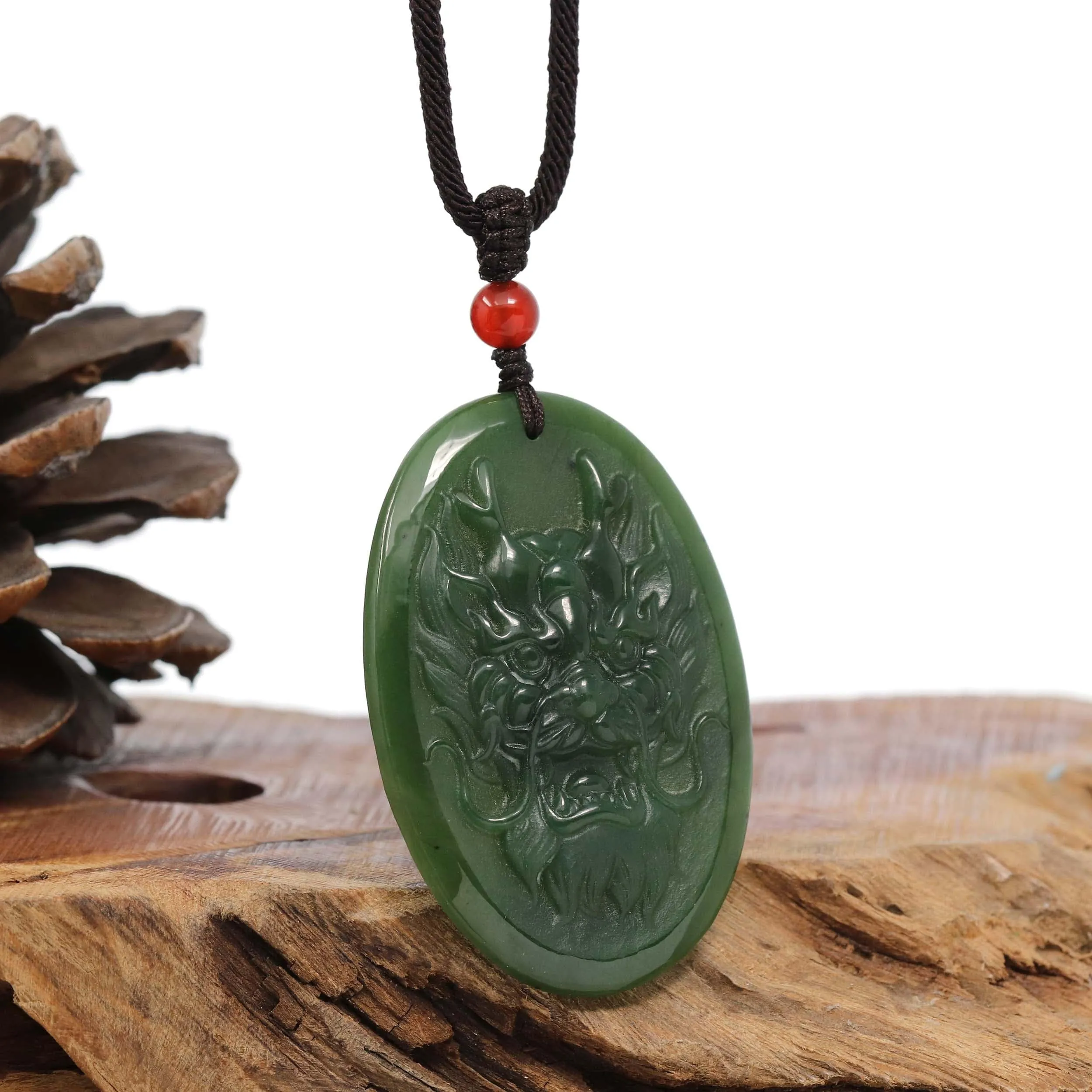 Natural Jade 12 Zodiac: Nephrite Jade Dragon Pendant Necklace in Deep Green