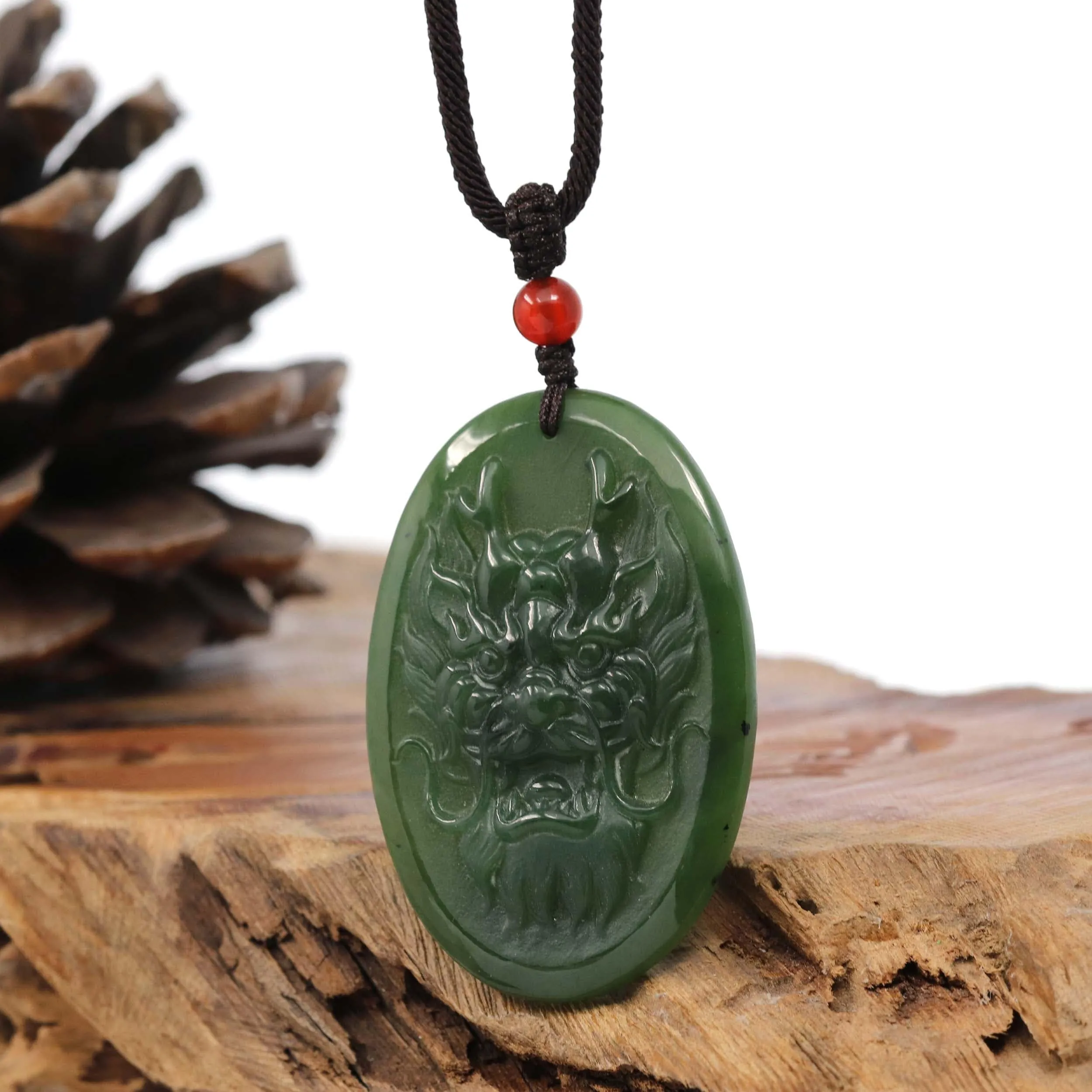 Natural Jade 12 Zodiac: Nephrite Jade Dragon Pendant Necklace in Deep Green