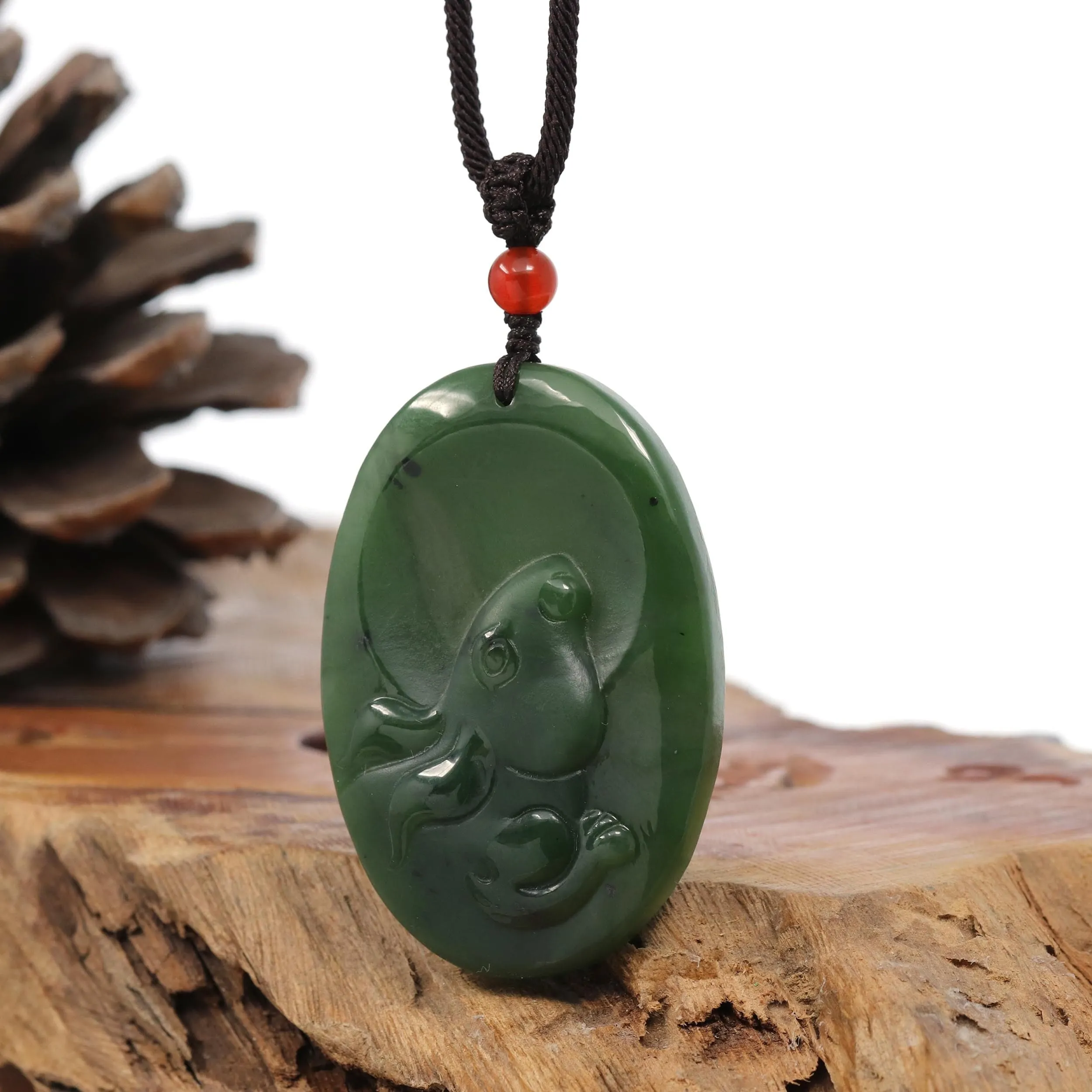 Natural Jade 12 Zodiac: Nephrite Jade Rabbit Pendant Necklace in Deep Green