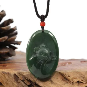 Natural Jade 12 Zodiac: Nephrite Jade Rat Pendant Necklace in Deep Green