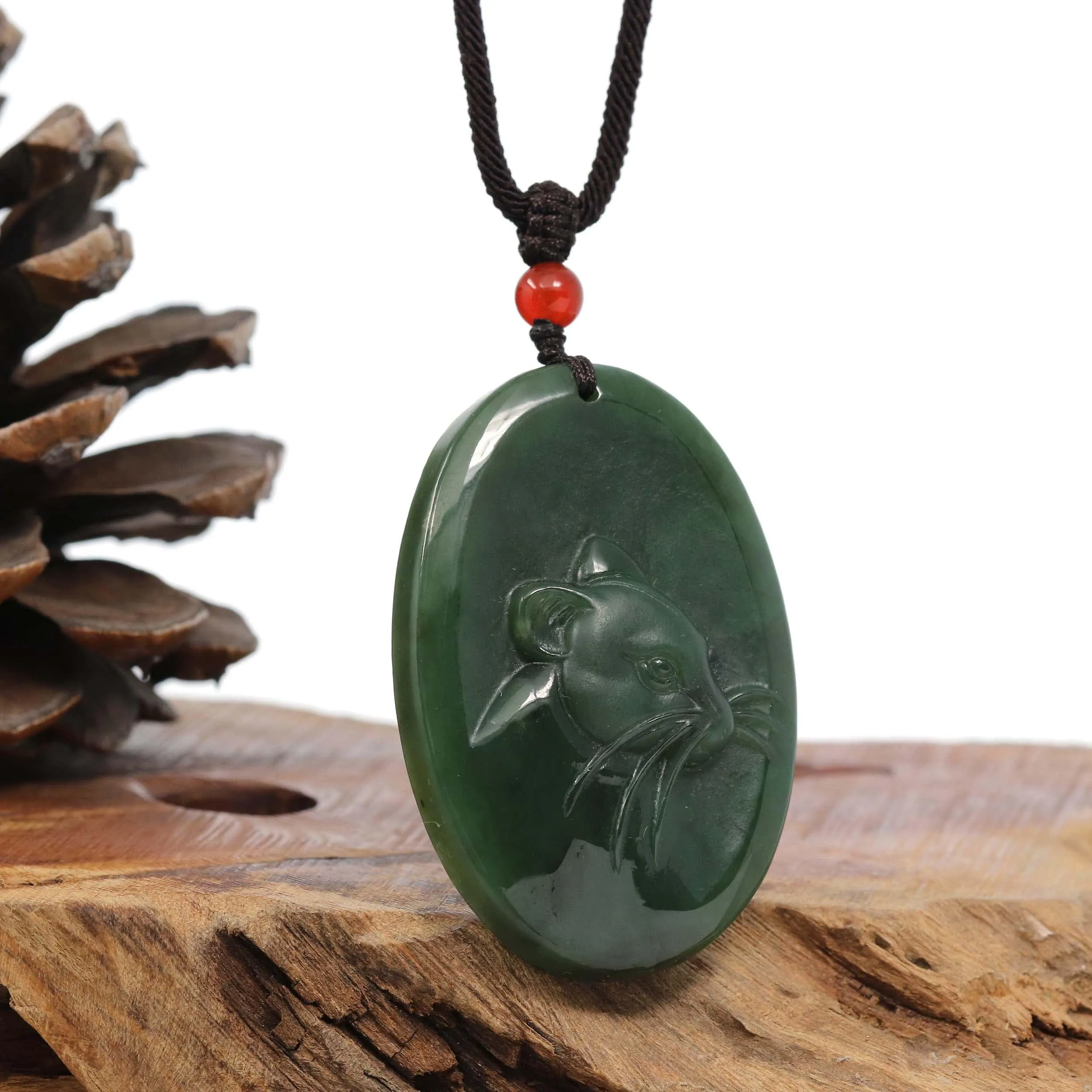 Natural Jade 12 Zodiac: Nephrite Jade Rat Pendant Necklace in Deep Green