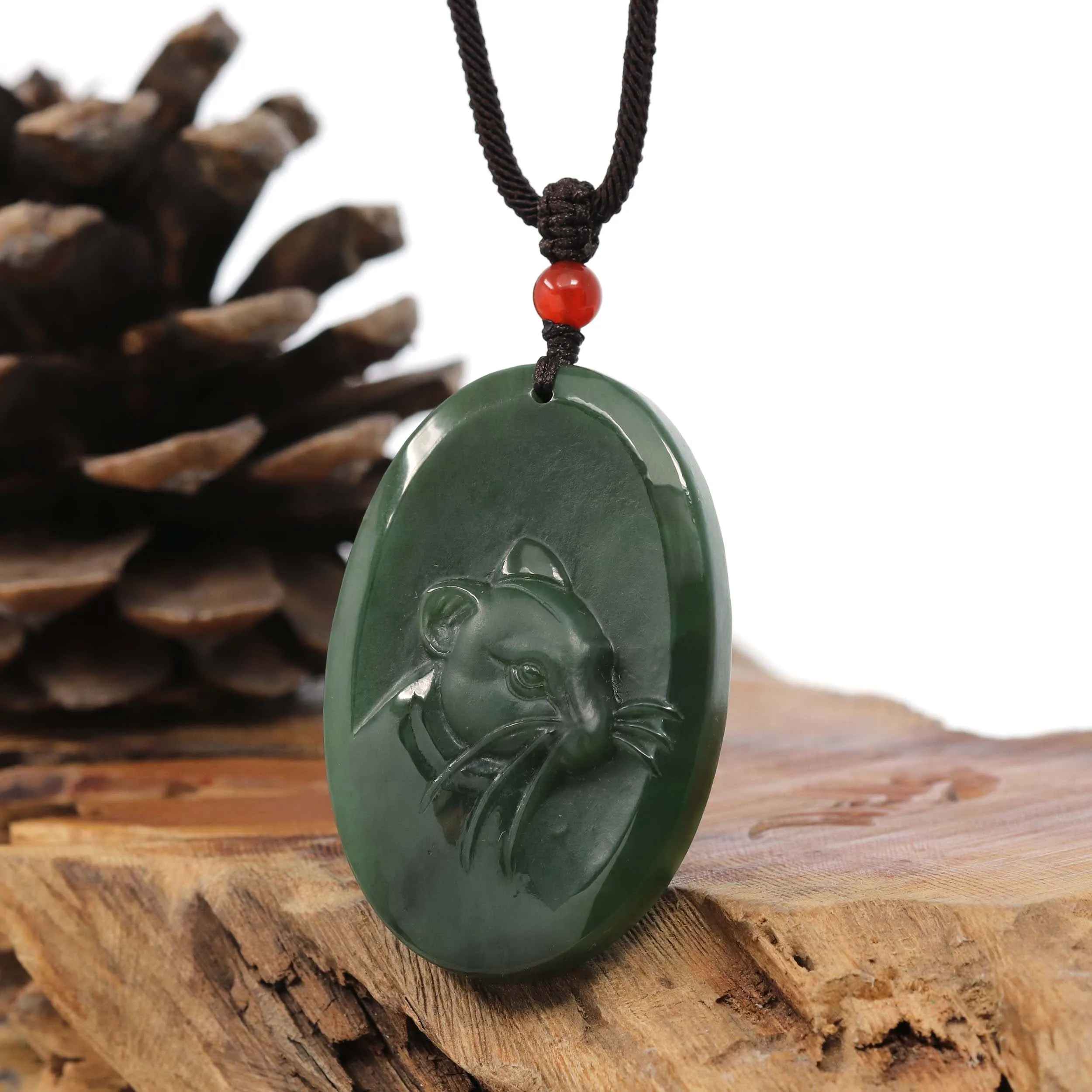 Natural Jade 12 Zodiac: Nephrite Jade Rat Pendant Necklace in Deep Green