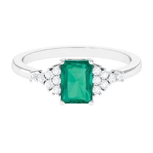 Octagon shape Emerald Solitaire Engagement Ring with Diamond