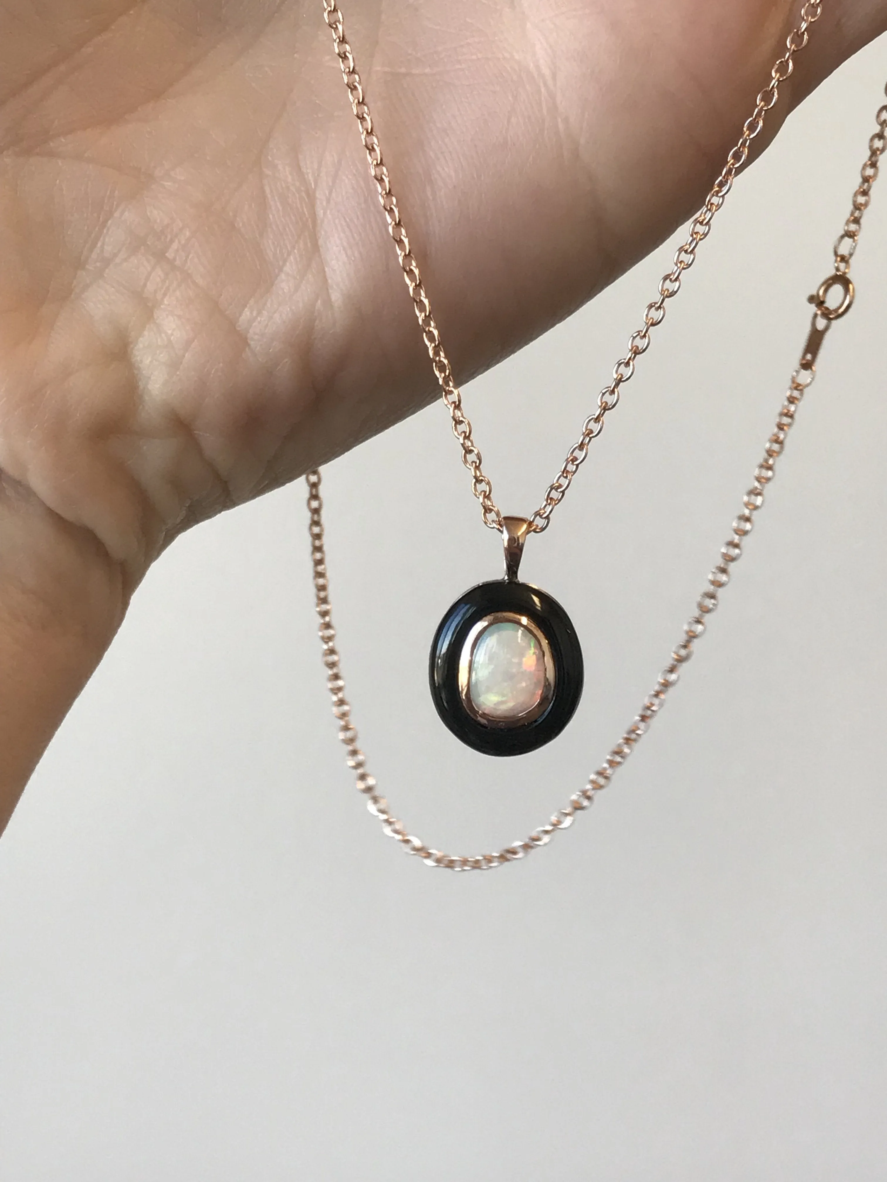 Opal and Black Jade Pendant in 14k Rose Gold, with chain