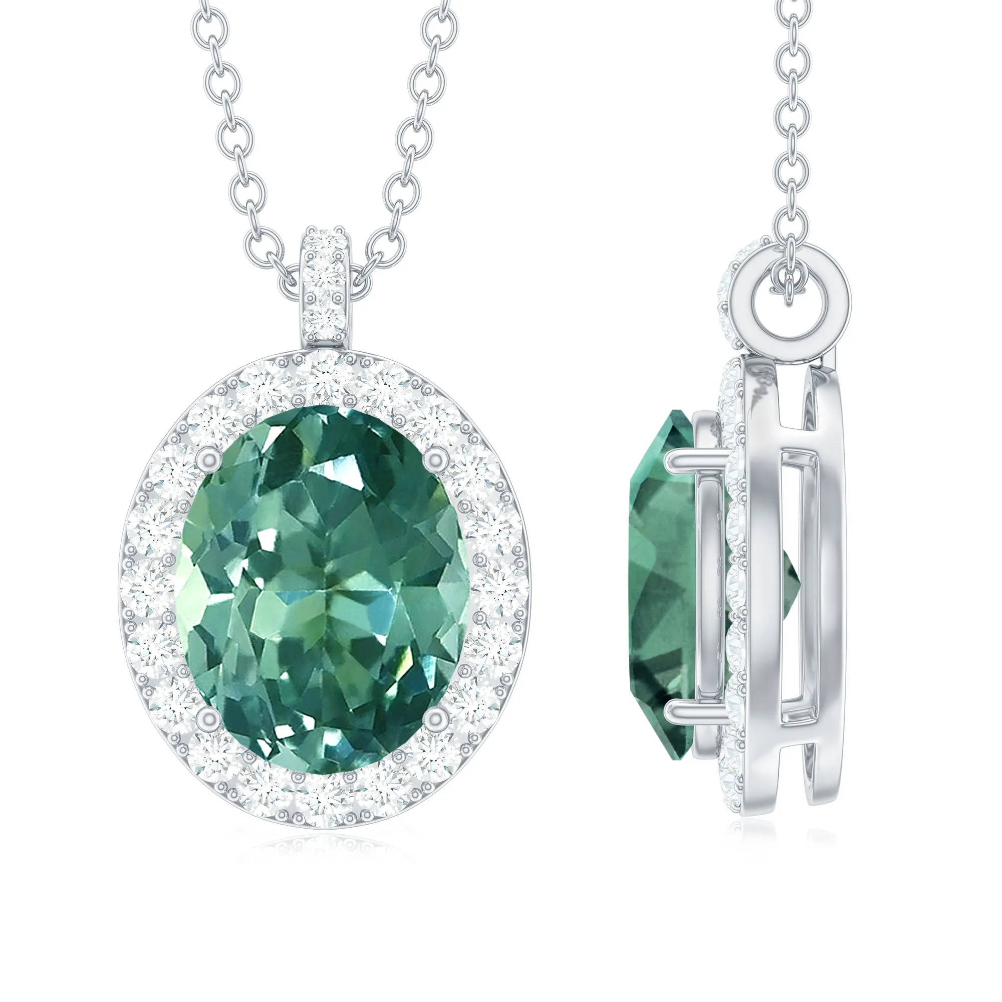 Oval Created Green Sapphire and Diamond Halo Pendant