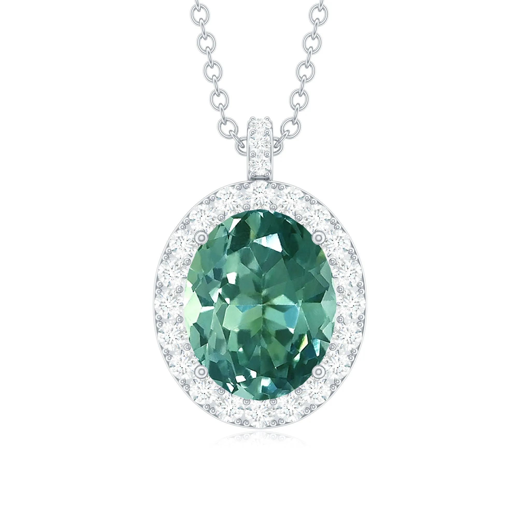 Oval Created Green Sapphire and Diamond Halo Pendant