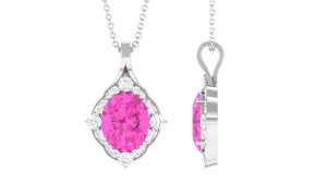 Oval Created Pink Sapphire Vintage Style Pendant with Diamond Halo